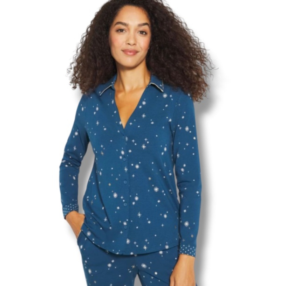 Soma Women’s Long-Sleeve Notch Collar Pajama Top Button Front Starry Blue